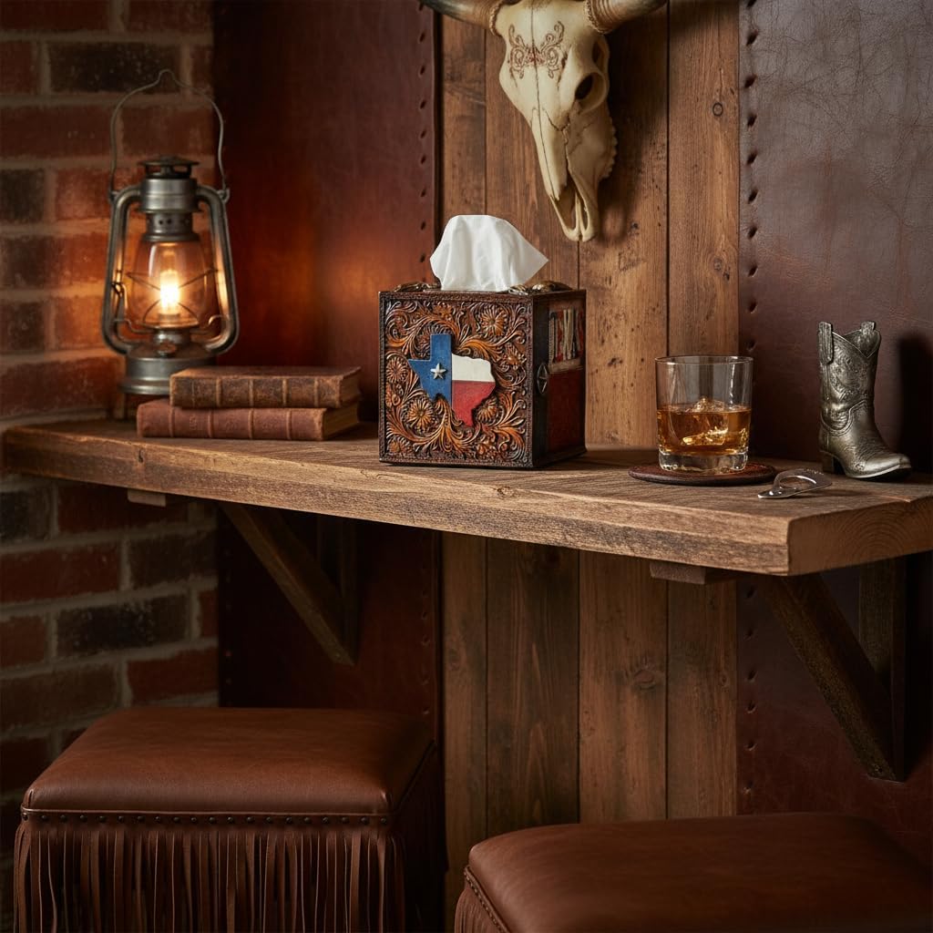 Comfy Hour Texas Tissue Box Holder, Western Style Antique Box Holder, Rustic Farmhouse Bathroom Decor, Cowboy Ranch, Country Home, Bathroom Decor, 7.4" L x 0.7" W x 12.1" H