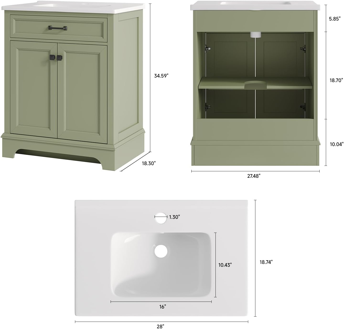 ONBRILL 28" Modern Bathroom Vanity with Ceramic Sink, Freestanding Bathroom Vanities with 2 Soft Closing Door & Adjustable Shelf, Paint Surface Single Sink Cabinet for Apartment & Small Space (Green)