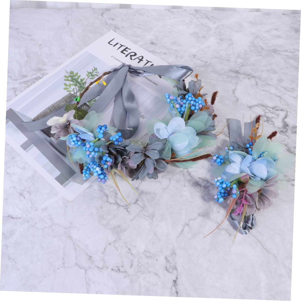 Housoutil 6 Piezas Aro Para El Pelo Con Muñequera Leis Diadema De Flores Espejos De Mano Con Mango Guirnalda De Boda De Las Mujeres Diadema De Boda Muñeca Floral Anillo De Pelo Pulsera Playa