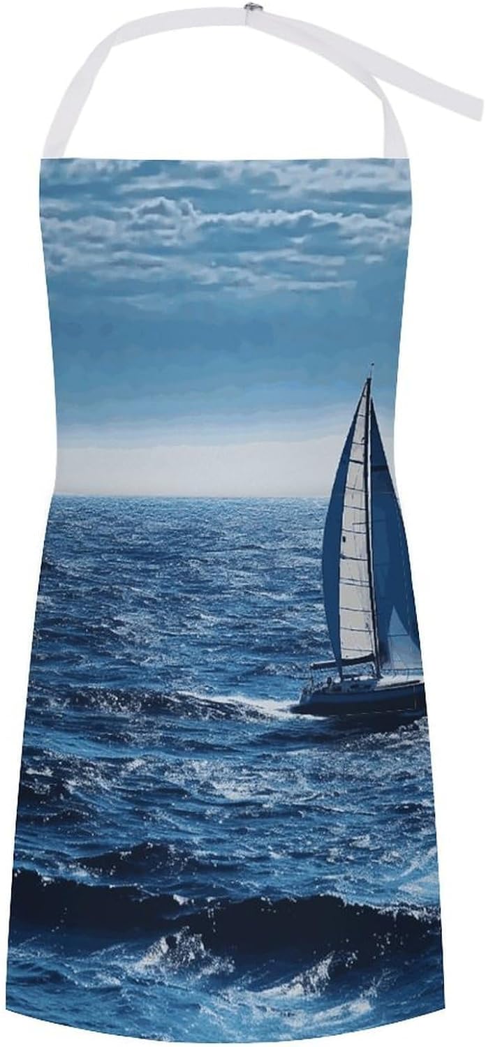 Blue Sea Sailboat Apron Waterproof Adult Bib Apron with Pockets Chef Aprons Long Style Women Men Aprons for Home Kitchen Cooking Baking Gardening