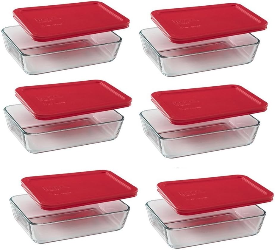 Pyrex3-cup Rectangle Glass Food Storage Sets (3 cup Containers (Pack of 6), White Lid)