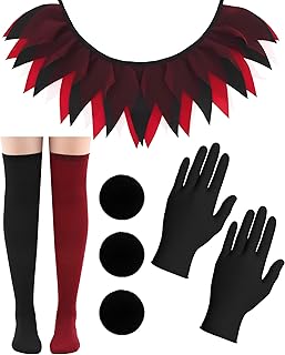Jecery 6 Pcs Women's Creepy Clown Halloween Costume Accessories Gloves, Collar, Pompoms, Thigh Stockings for Cosplay Party