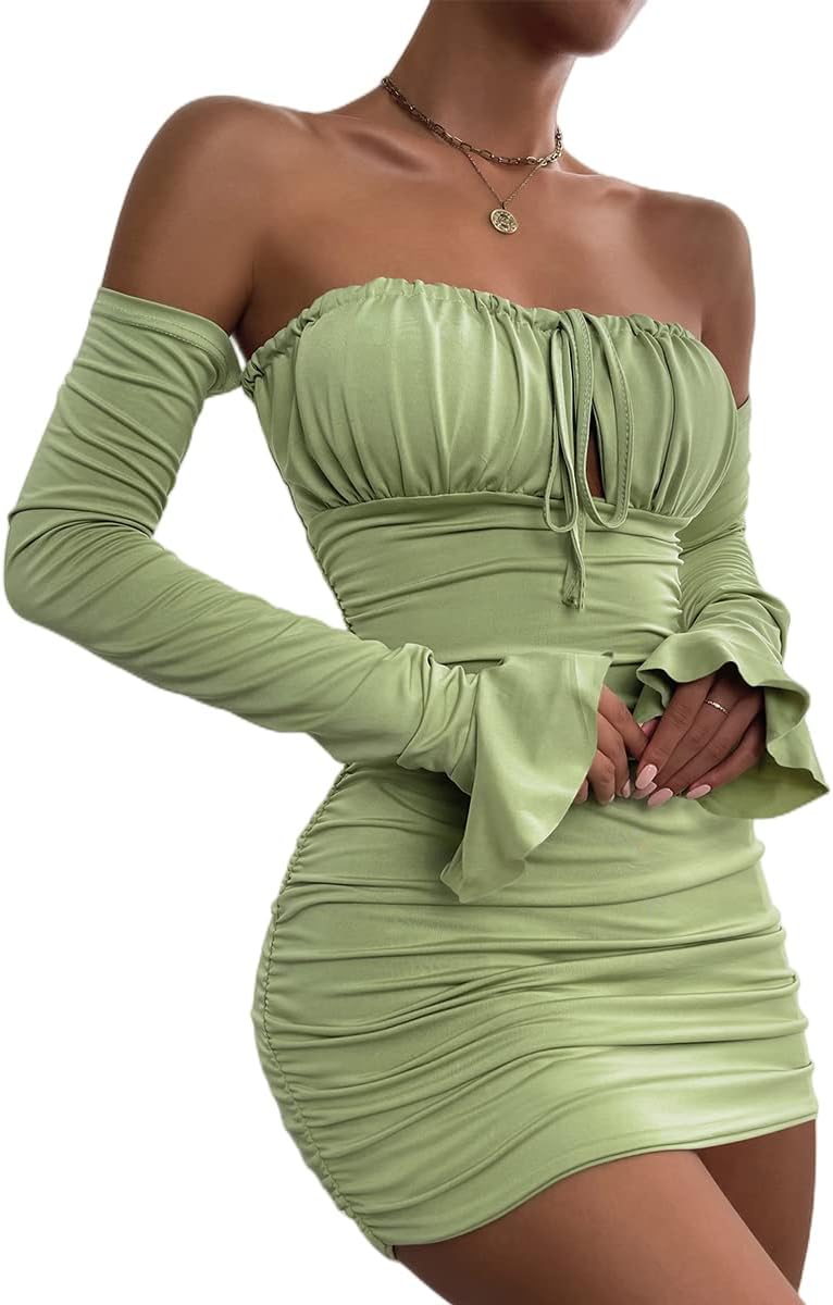 Zesoyne Women Off The Shoulder Ruched Bodycon Mini Dress Flounce Long Sleeve Tie Front Short Club Dresses