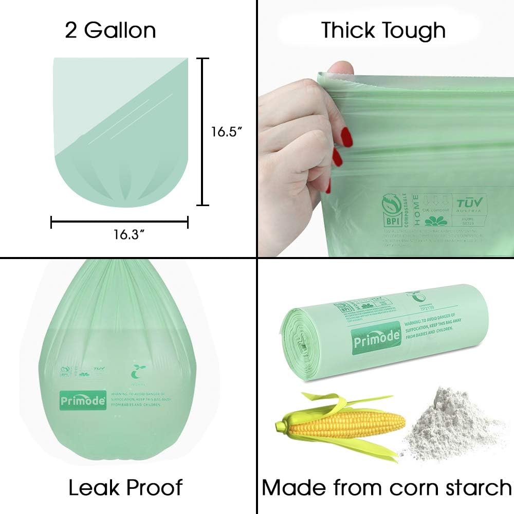 Compost Bags, Compostable Trash Bags 2.6 Gallon Compostable Bags, Small Compost Bags for Countertop bin Extra Thick 0.71 Mil. ASTM D6400 Certified By BPI and TÜV AUSTRIA (2.6 Gallon, 200 Units)