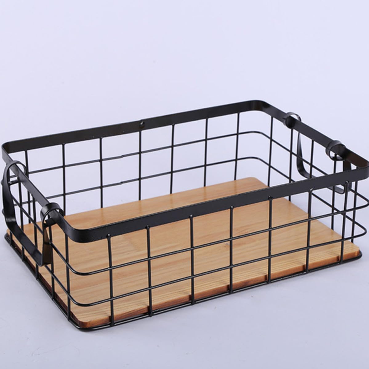 Operitacx Cesta de Hierro y Madera de Almacenamiento Rectangular Diseño Simple para Organizar Frutas y Snacks Color Negro en Cocina o Escritorio