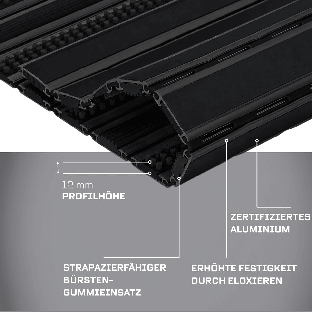 Alu-Fußmatte C12 Premium Black Bürste/Gummi 80x60 cm, Schwarz