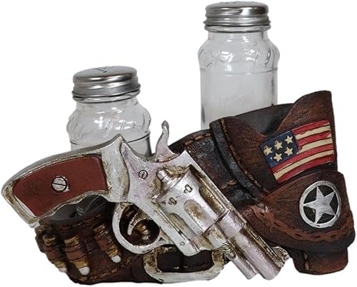 Ebros Gift Rústico vaquero occidental revólver pistola pistola de cuero sintético con estrella y bandera sal y pimienta juego de agitadores de