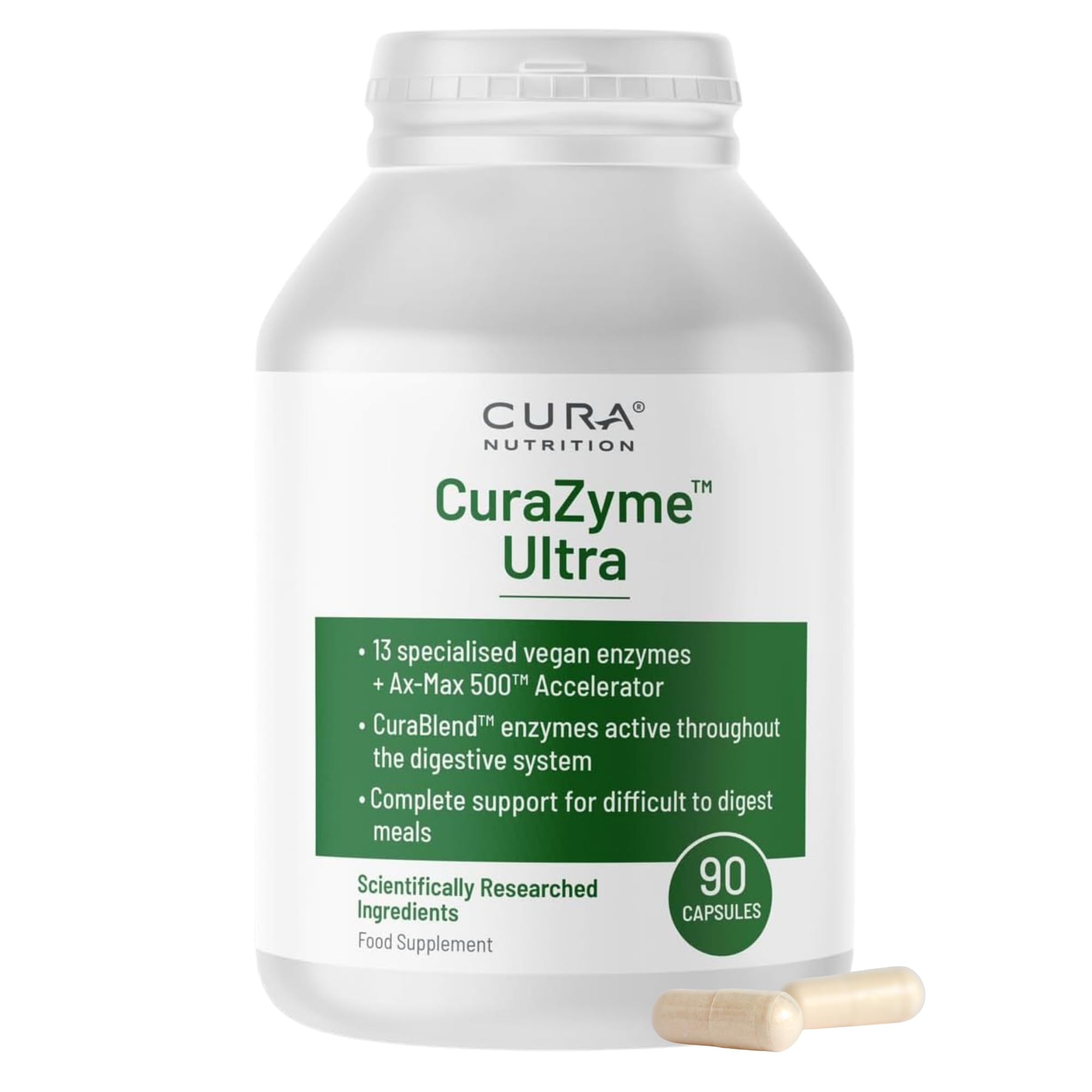 CURAZYME Ultra (90 Capsules) Advanced Digestive Enzymes Supplement for Gut Health, Gold Digest Formula for Bloating, Heartburn, Digestion Relief, Ax-Max500 Digestion Accelerator, Vegan