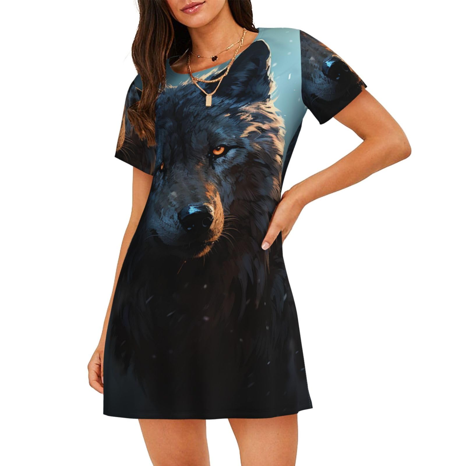 Lhdgbnv Women's Black Cotton Nightgowns, Fantasy Wolf Short Sleeve Sleepwear For Soft Pajama Dress Sleepshirt Nightshirt, Xl