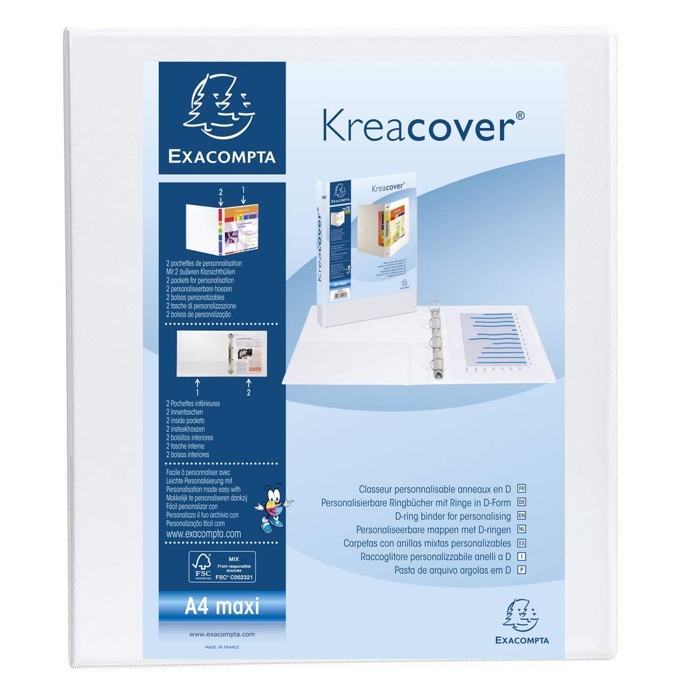 Exacomptaref. 51943E - 1 customizable rigid opaque binder with 2 pockets - 4 D-rings of 40 mm - Spine 64 mm - External dimensions: 32 x 28.5 cm - Format to be filed A4 Maxi - Colour: white