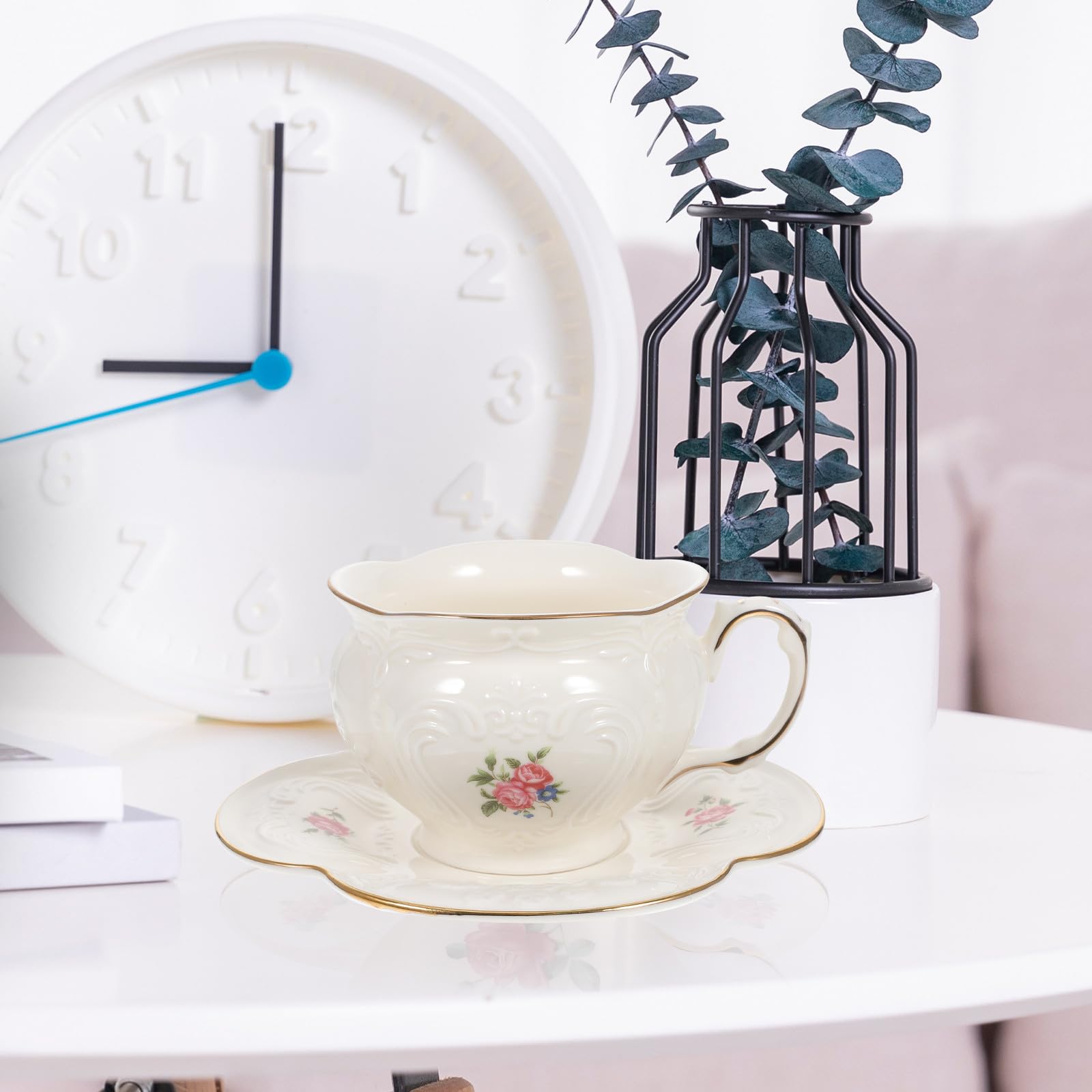 Beavorty Taza de Té con Platillo de Cerámica, 1 Juego Decorativo | Diseño Ergonómico, para Hotel y Oficina, Sirve Agua y Chocolate Caliente, Estilo Europeo
