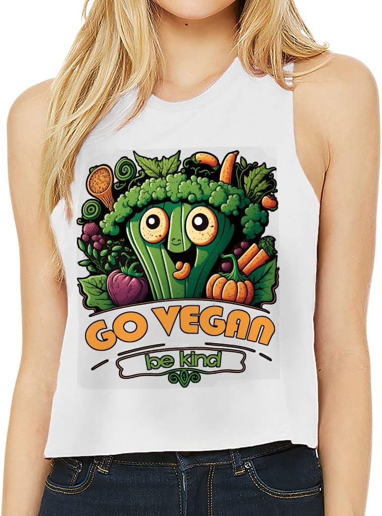 Go Vegan Be Kind Racerback Cropped Tank - Print Women's Tank - Cartoon Tank Top