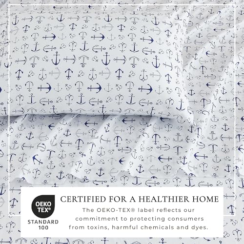 Image of Great Bay Home Queen Coastal Microfiber Sheet Set - 4-Piece Nautical-Printed, Ultra-Soft Sheets - Beach-Themed Bedding Sheets & Pillowcases (Anchor)