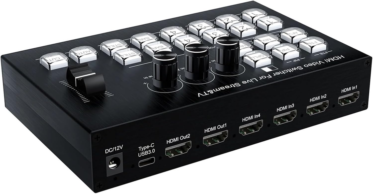 Multi Camera 4 Channel HDMI Video Mixer Switcher Video Capture 1080p60 Live Streaming PGM Seamless Switch Output 6 Pictures PVW(with US Plug)