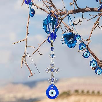WEBEEDY Evil Eye Car Hanging Ornament Evil Eye Crystal Cross Charm Turkish Blue Evil Eye Protection Charm Rear View Mirror Hanging Accessories Evil Eye Protection Charm for Car Home Decors,24cm/9.45