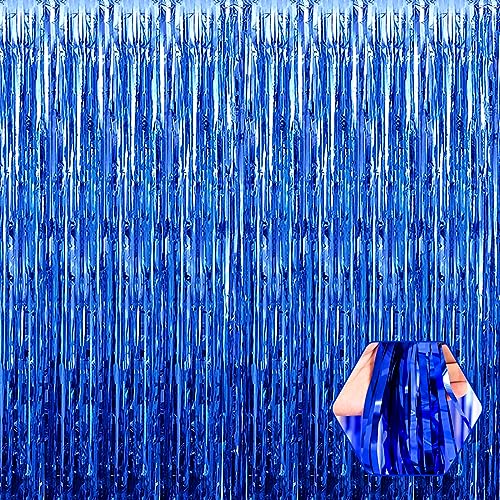 Image of 6 Pack Blue Foil Fringe Curtain Backdrop, 3.28Ft x 8.2Ft Metallic Tinsel Foil Fringe Streamer Curtains for Photo Booth, Christmas Day, Thanksgiving, Wedding, New Year Party Decorations