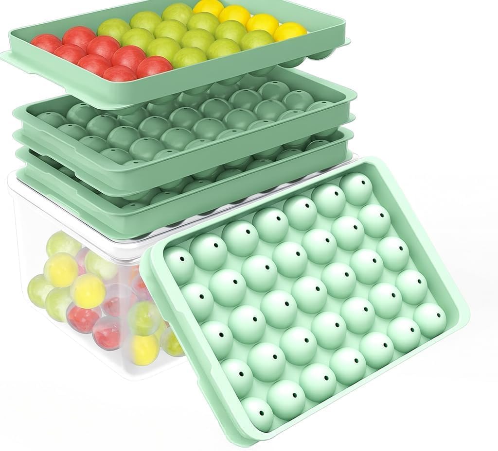 Round Ice Cube Trays with Lid and Bin - 1.0 Inch Small Sphere Ice Ball Maker for Freezer, Makes 70 Ice Balls, Stackable Ice Mold for Cocktails, Whiskey, Coffee & Drinks, BPA-Free Ice Trays for Freezer