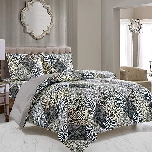 WPM World Products Mart 3 Piece Animal Print Comforter with Pillow Sham, Black White Grey Leopard Zebra Giraffe Jungle Forest Theme Design King Size