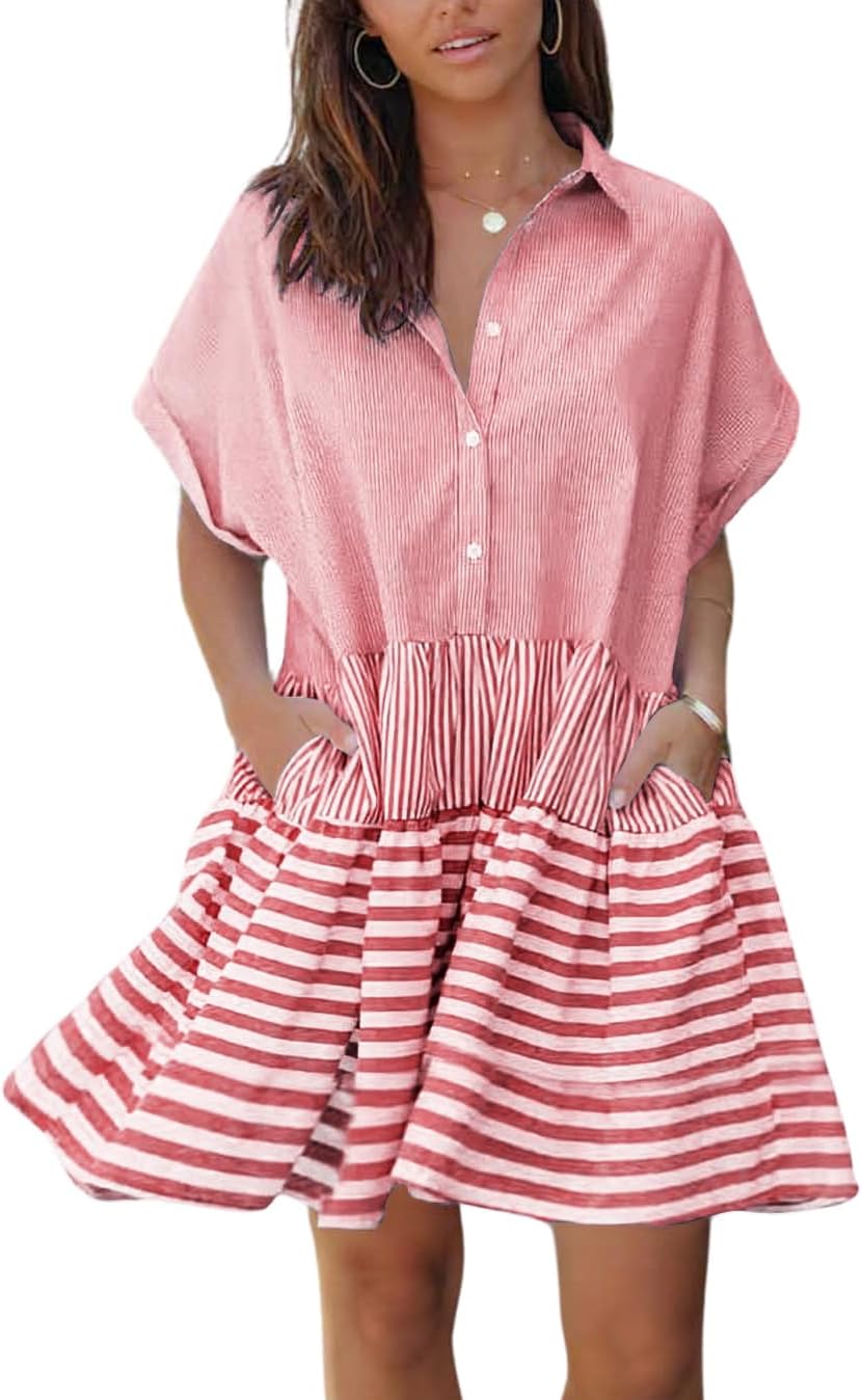chouyatou Women Summer Beach Short Sleeve Striped Shirt Dress Button Down Tiered Mini Tunic Babydoll Dress image 2