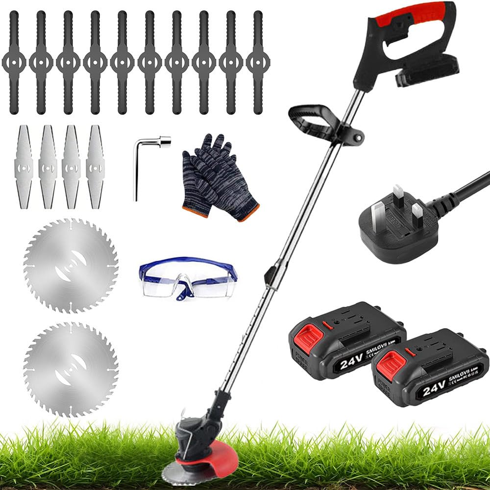 24V Cordless Strimmer Electric Grass Trimmer with 2 Batteries, 6 Metal Blades and 10 Plastic Blades, 18000RPM, for Garden Lawns Pruning Weed