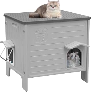 CSQOO Waterproof Plastic Outdoor Cat House with Escape Door - Indoor Feral Cat Shelter, Easy Assembly Grey