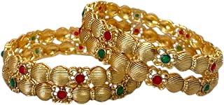 ACCESSHER Gold Plated Pink & Green Artificial Stone-Studded Bangles for women and girls (Set of 4) Price In India