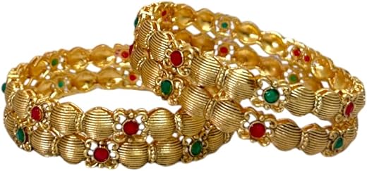 ACCESSHER Gold Plated Pink &amp; Green Artificial Stone-Studded Bangles for women and girls (Set of 4)