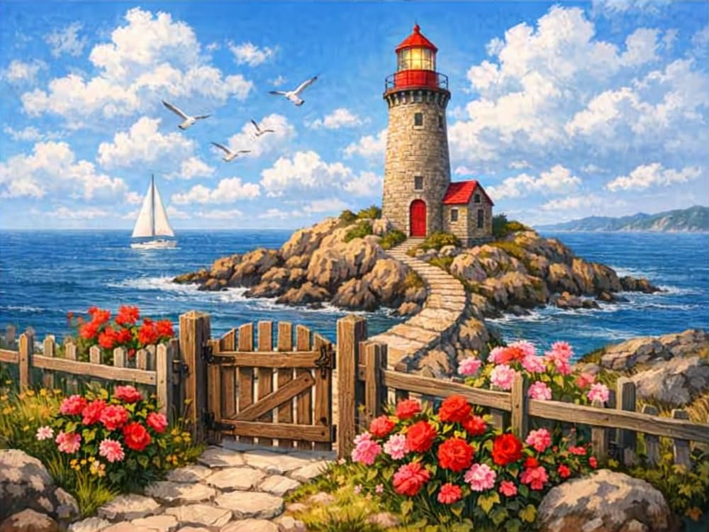COKYIS Cross Stitch Kits for Adults Stamped 11CT Printed Cross Stitch Kit Lighthouse Counted Embroidery Kits for Beginner Wall Art Home Decoration 40x50cm