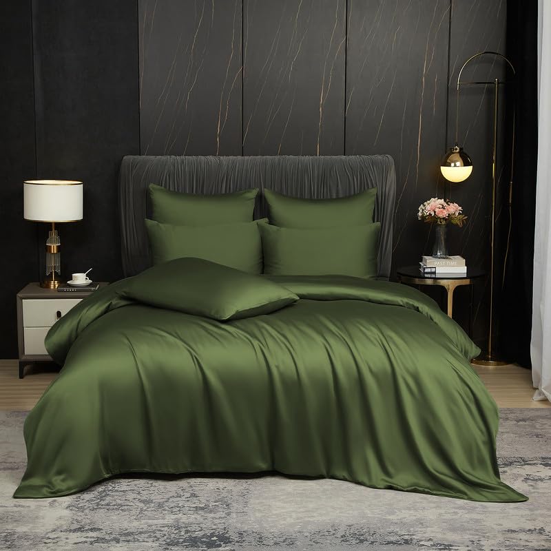 Gezu Bambus Lyocell Bettwäsche 155x220cm Olivgrün Grün 100% Bambusseide Antibakteriell Bettbezug 155x220 Bambusfasern Glänzend Bettwäsche Bamboo Luxus Bettbezug mit 2 Kissenbezüge mit Reissverschluss