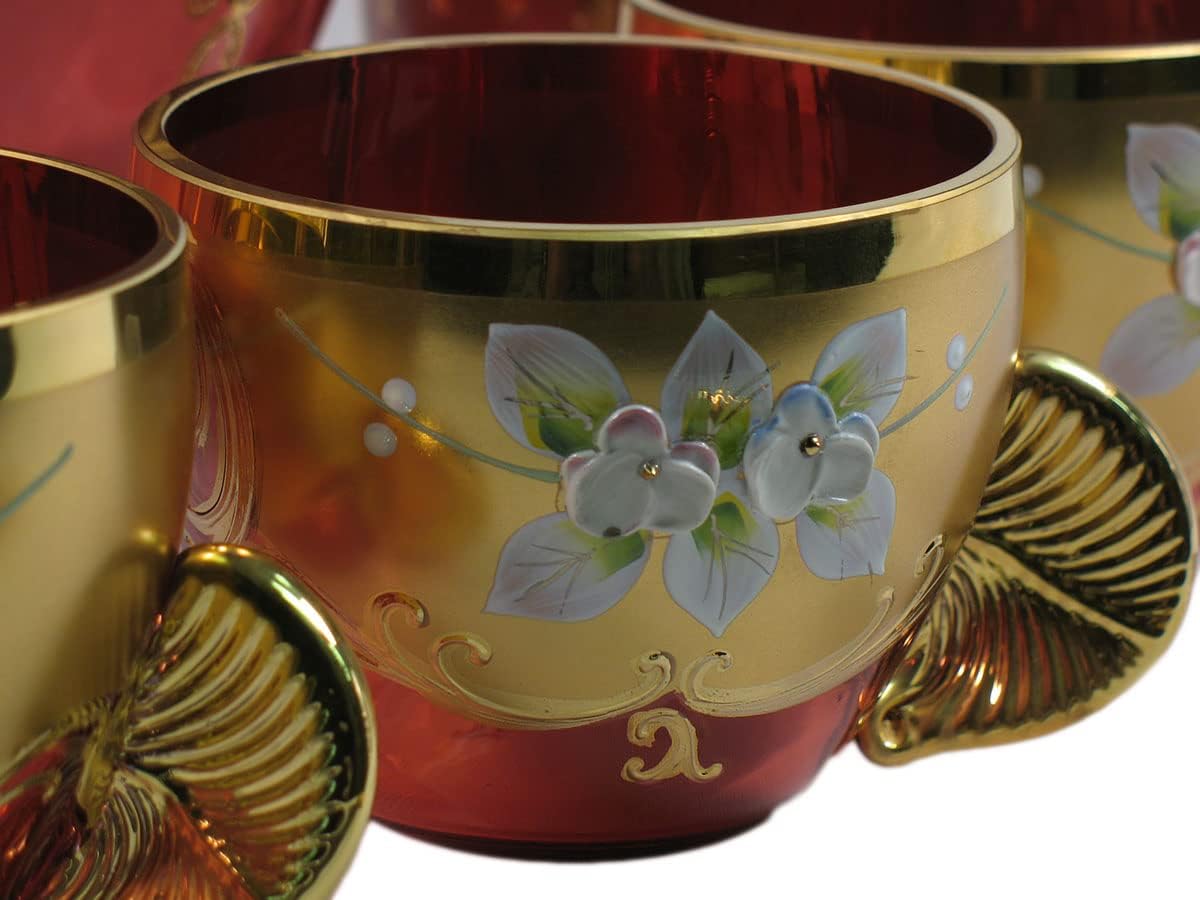 Bohemian Crystal SLAVIA Glassworks Hand Made High Enameled Painted Punch or Eggnog Set RED Color 8 pcs