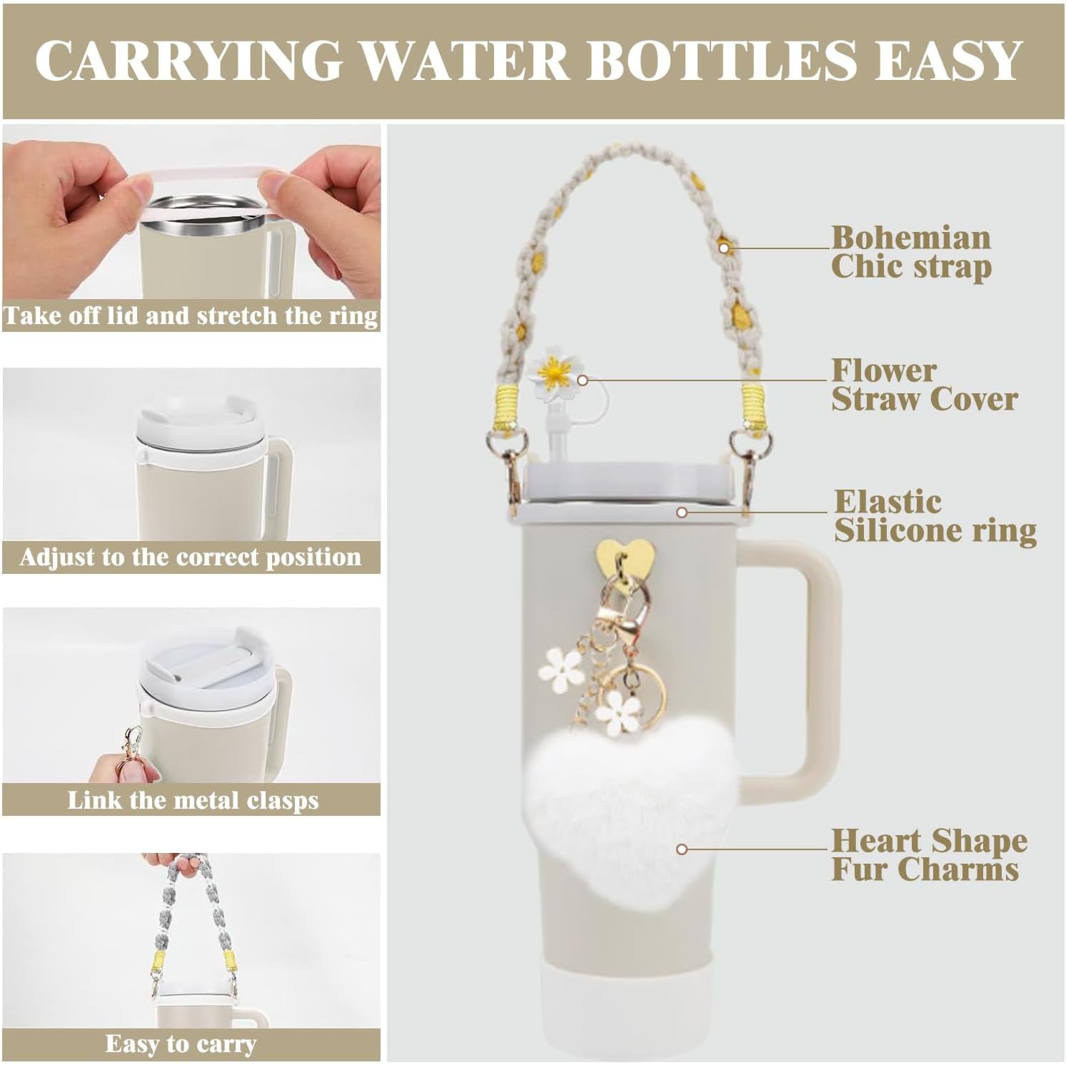 8PCS Stanley Cup Accessories Set, Adjustable Water Bottle Shoulder & Handle Strap, Glitter Protective Boot, Heart Shape Pompom Ball,Straw Topper Cover & Charms for Stanley 30oz 40oz Tumbler (White)