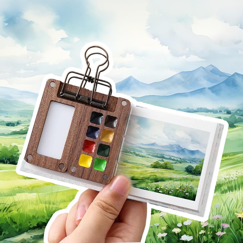 Mini Set Acquerello Portatile Da Viaggio | 12 Colori, 6 Pennelli E Libro Da Disegno | Tavolozza 8 Griglie - 4