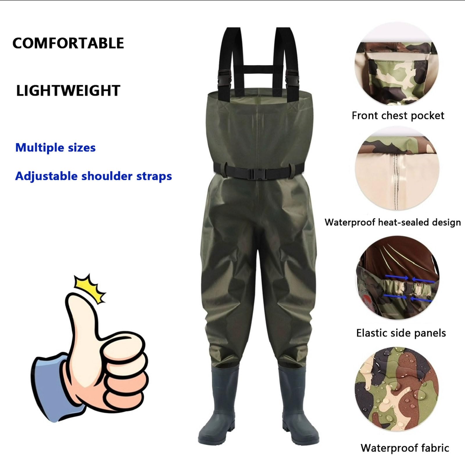 Waders Peche Homme,Respirant Waders Pantalons de Pêche avec Poche Poitrine,Pantalons de Waders avec Bottes 38-45,Waders Peche Antidérapants Cadeau pour Amateurs de Pêche e Sportive
