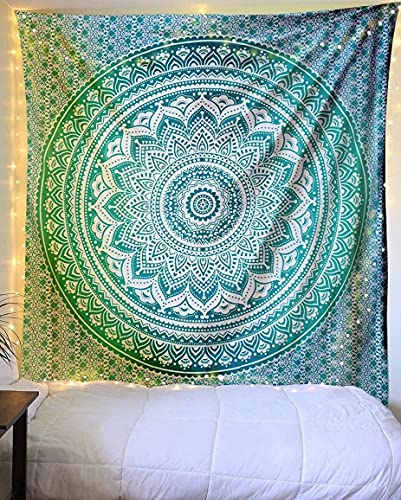 raajsee Green Ombre Mandala Tapestry Wall Hanging,Indian Cotton Beach Throw Blanket Hippie Tapestries,Boho Decor,Meditation Yoga Mat Rugs,52x82 inches