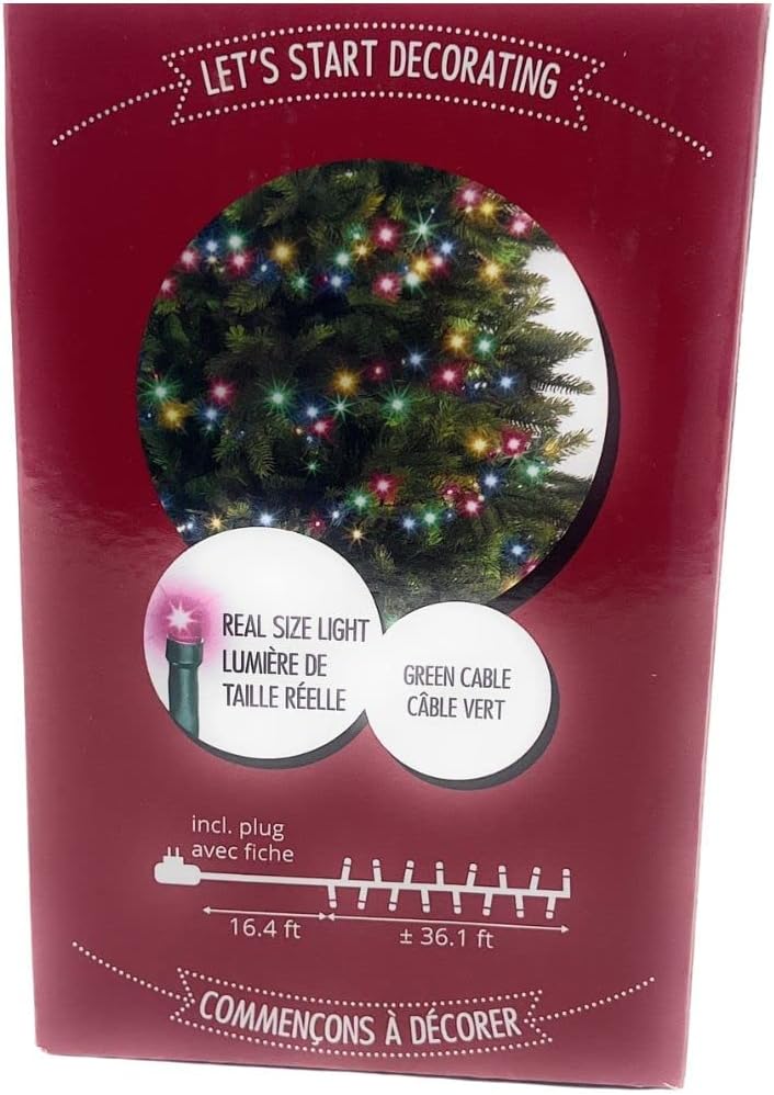 Lumineo Compact 500 LED Christmas Lights product box, side view, showing light length and plug