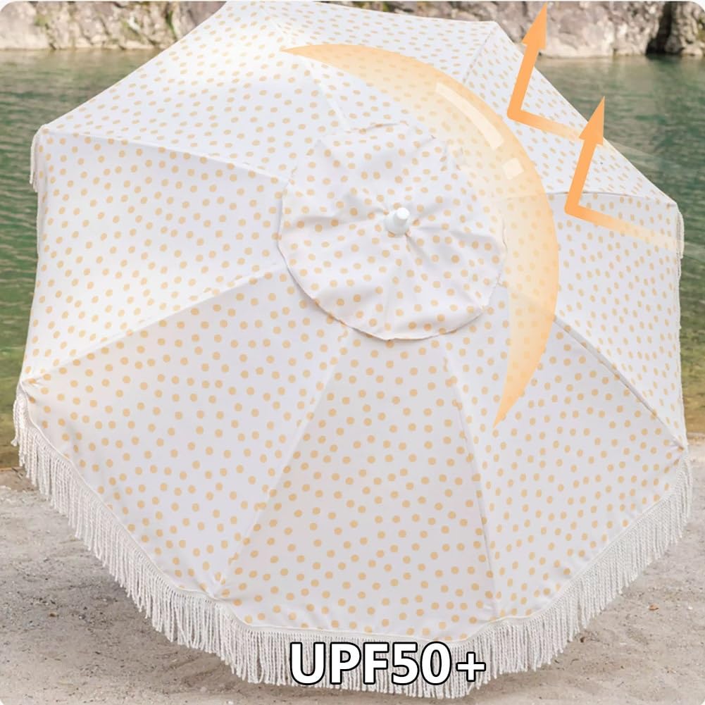 180 cm Parasol Przeciwsłoneczny z Frędzlami, Przenośny Parasol Ogrodowy w Boho z Odchylany i Drewnianym Drążkiem, Baldachim w Kropki