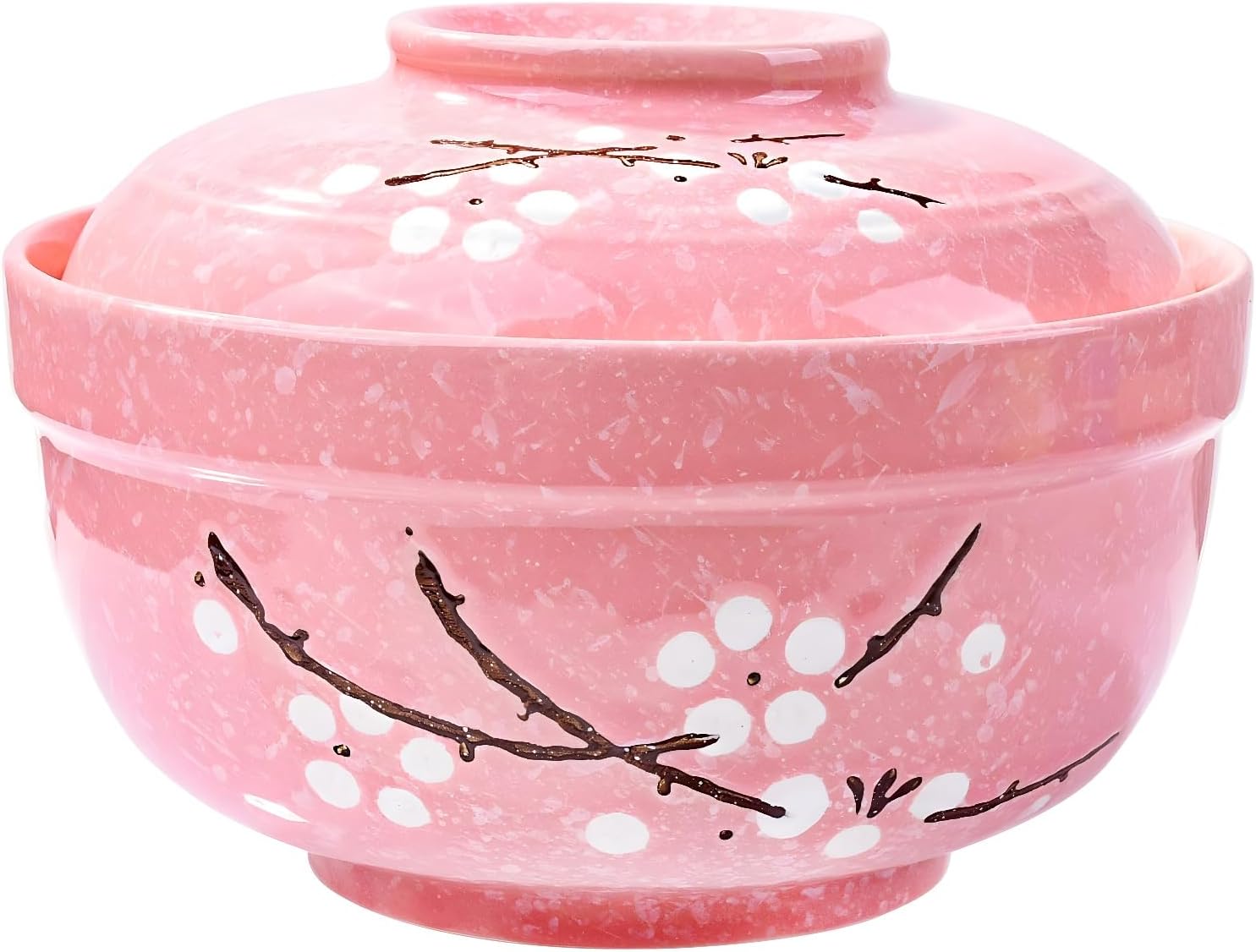 Porcelain Ramen Bowl with Lid, 27.5 OZ Pink Plum Instant Noodle Bowl