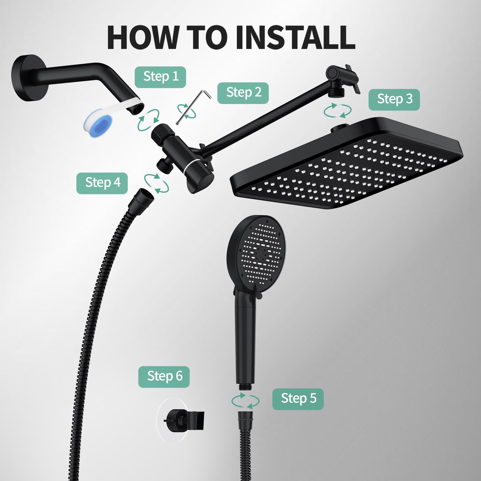 12 Inch Wide Rain Shower Head with Filtered Handheld Combo, High Pressure Rainfall Shower Head, 9 Spray Modes Handheld with 9-Inch Extension Arm, Comes with Filter Removes Chlorine(Dark Brown) — view 7