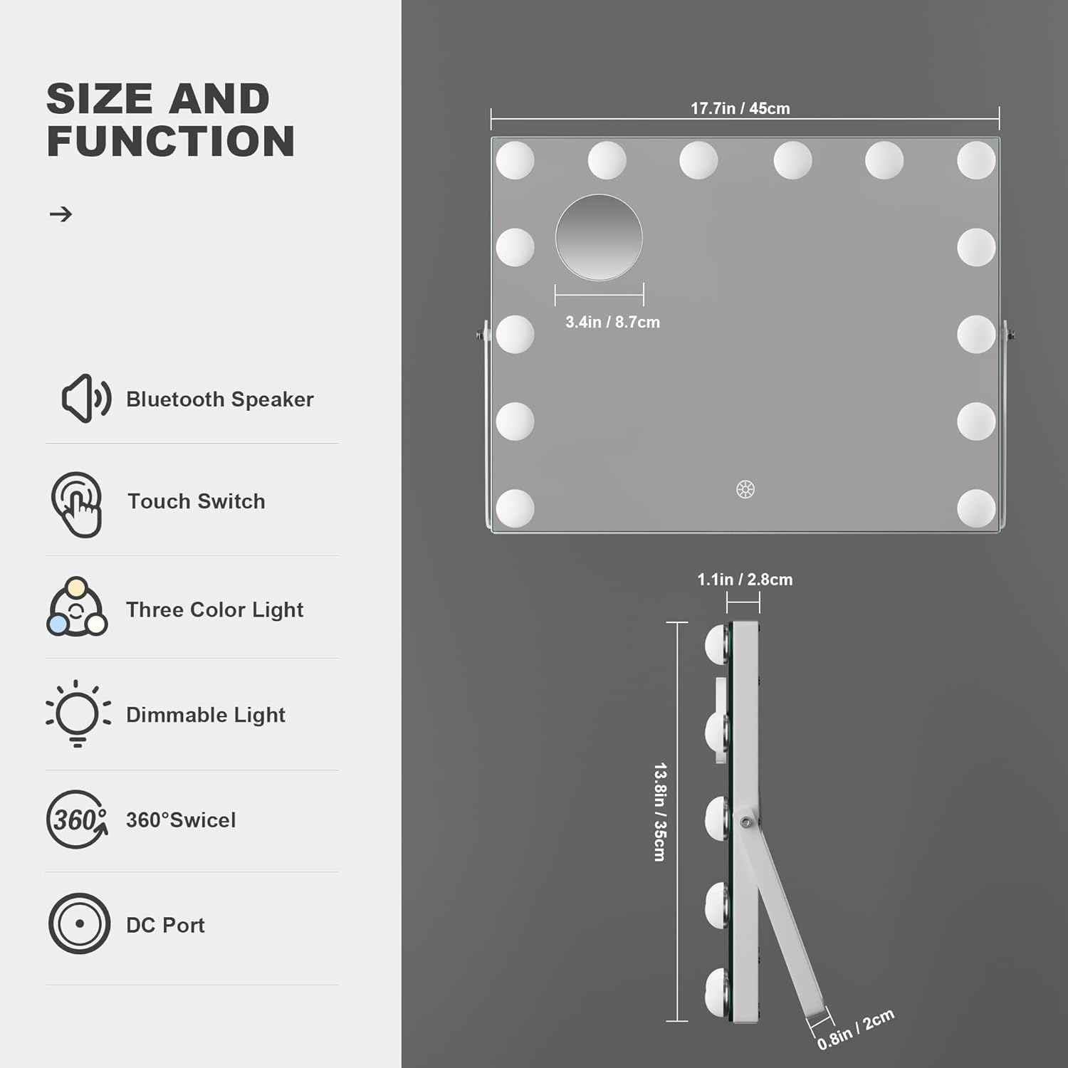 Hasipu Vanity Mirror with Lights and Bluetooth Speaker, 17.7" x 13.8" Hollywood Mirror, Makeup Mirror with 14 Dimmable Bulbs and 10X Magnification, 3 Colors Modes, 360° Rotation, White