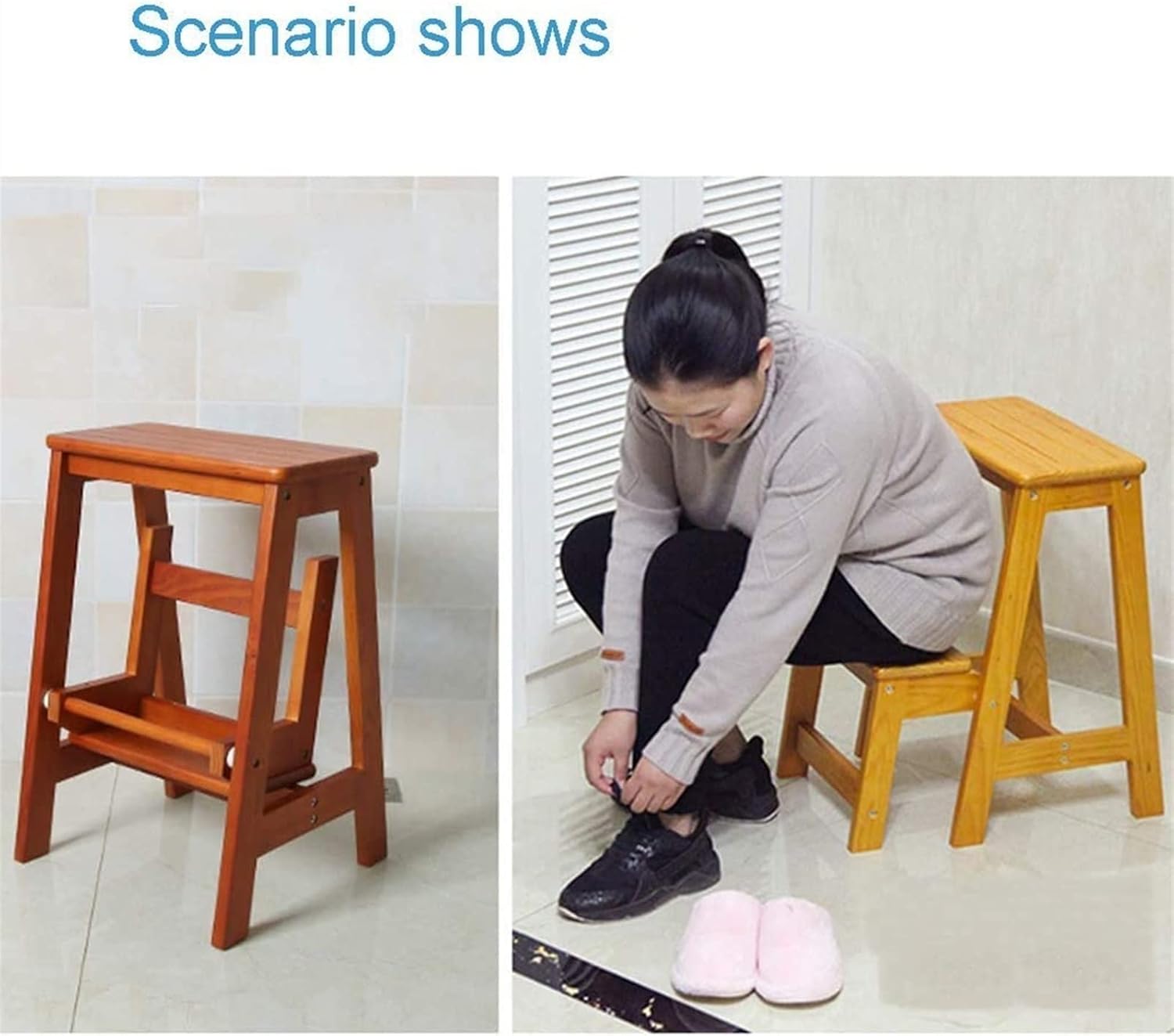 Multi-Function Portable Folding Step Stool, Non-Slip Wooden 2-Step Ladder Kitchen Bedroom Garage Easy to Store Stairway Chair Stepladder (B)