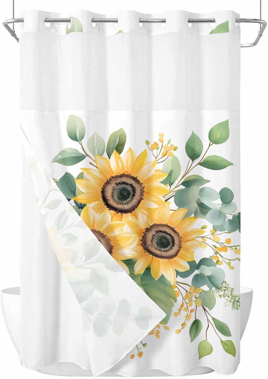 Sunflower No Hooks Shower Curtain with Snap in Liner 36" W x 72" L, Washable and Waterproof Watercolor Style Floral Green Leaf Shower Curtain with See Through Mesh Top Window for Bathroom