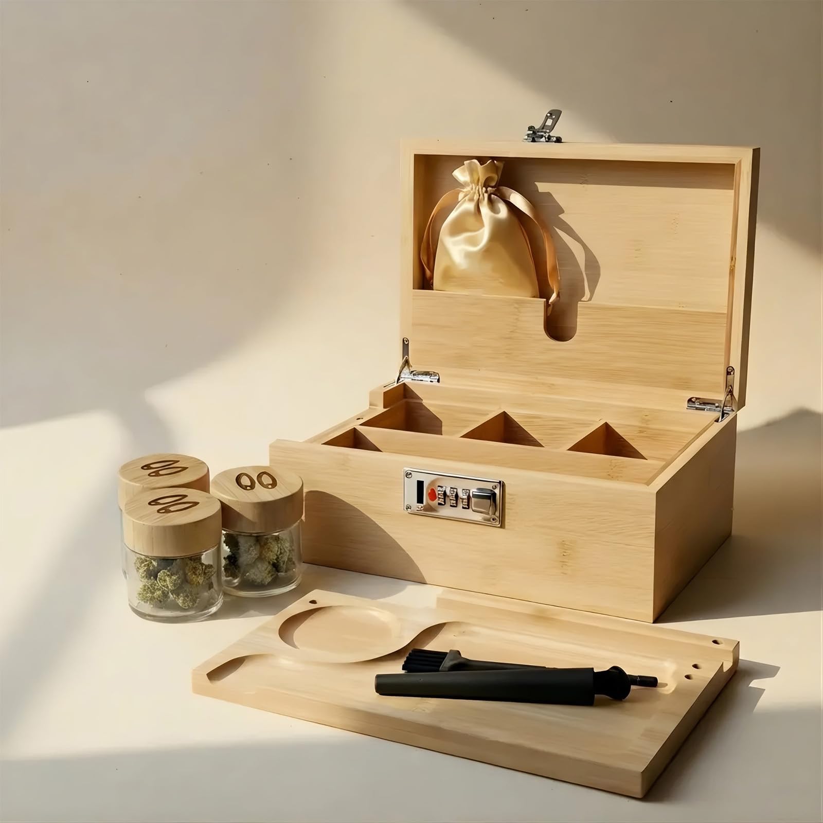 Nooksee Box Rouler en Bambou avec Serrure à Code et 3 Bocaux Anti-Odeur
