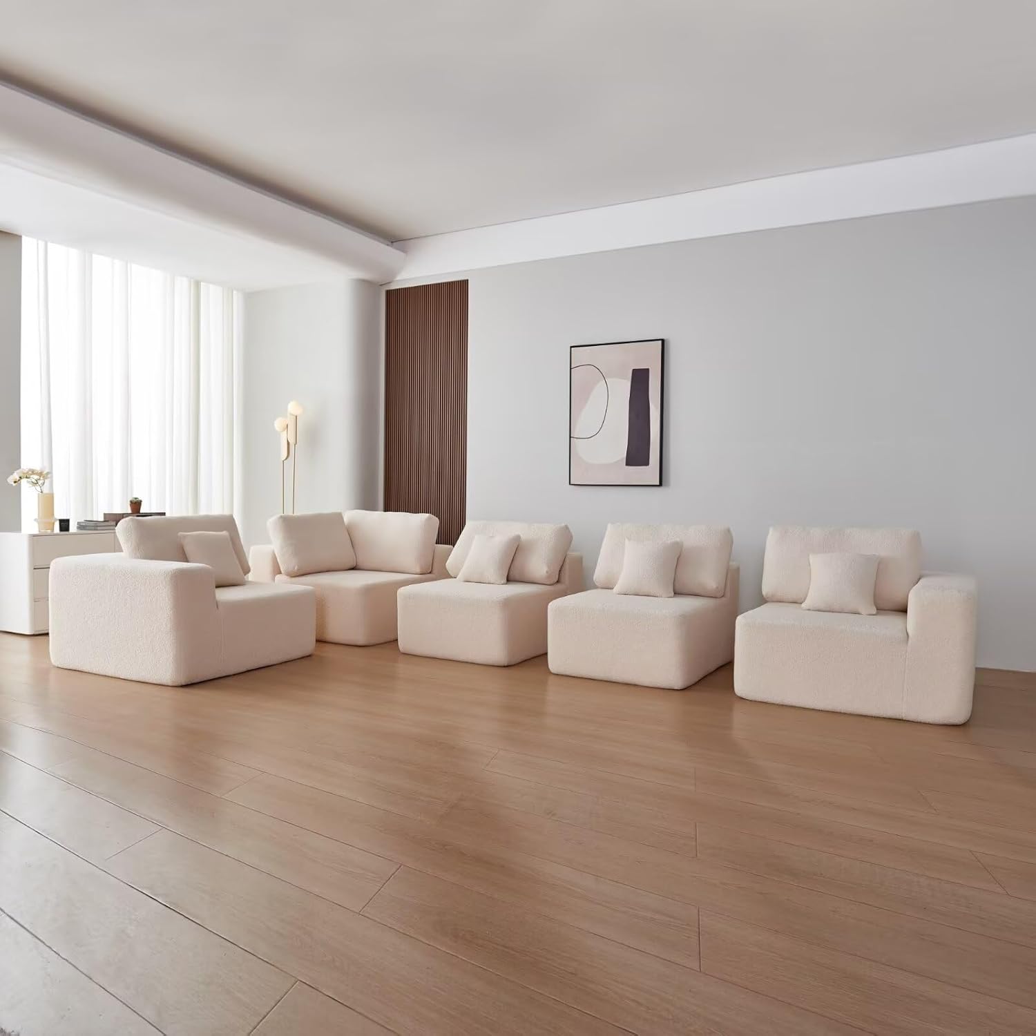 Oversized Modular Sherpa Fabric Sofa Set, Convertible U-Shaped 5-Seat Sofa with Chaise, No-Assembly Deep Seat Comfy Cloud Couch - Beige