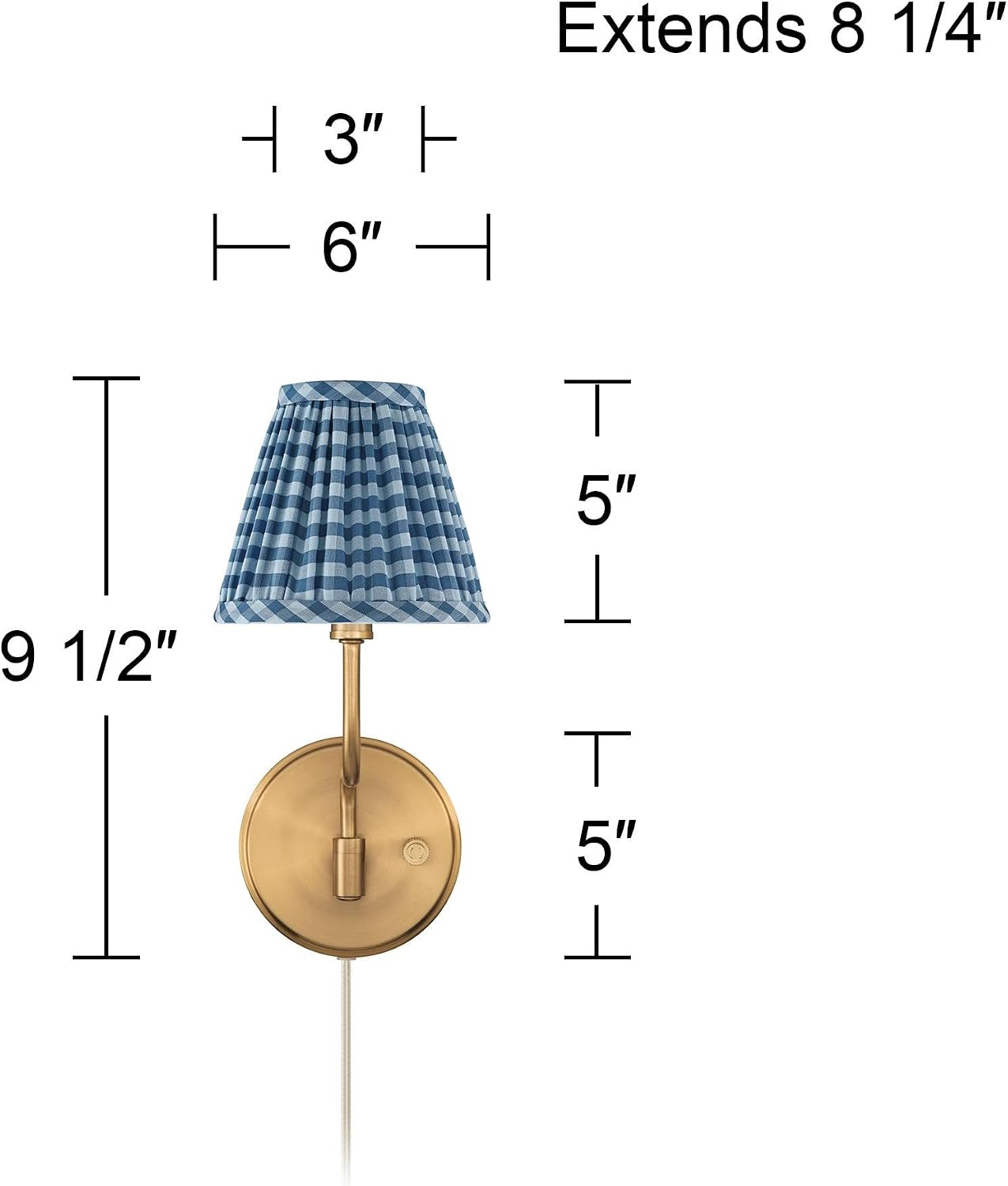 Ophelia 9 1/2"H Warm Brass Plug-In Wall Sconce Blue Plaid Shade image 4