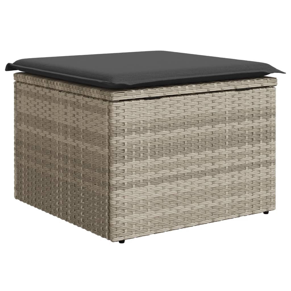 Taboret ogrodowy z poduszką, jasnoszary, polirattanowy, stołek, 55 x 55 x 37 cm, z miejscem do przechowywania, odporny na działanie promieni UV, na balkon, taras, do wypoczynku na świeżym