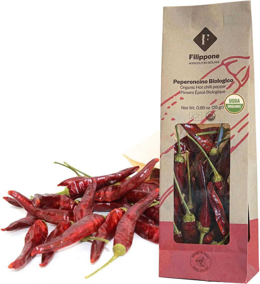 FILIPPONE - Organic Whole Dried Chili Peppers, on Stem, 25 g (0.88 oz), Spicy Sicilian Pepperoncino with Intense Aroma and flavor, Decoration, Cooking, Certified USDA Organic