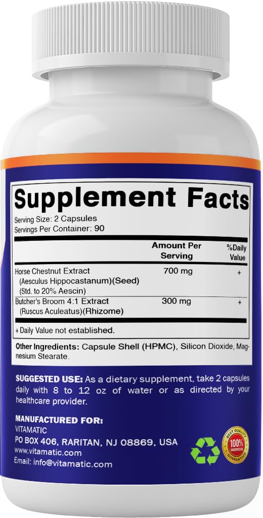 Vitamatic Horse Chestnut Extract 700 mg (Standardized 20% Aescin) with Butcher’s Broom 4:1 Extract 300 mg 180 Capsules, Circulation & Vein Support, Non-GMO, Gluten Free, Made in USA — Amazon image 8