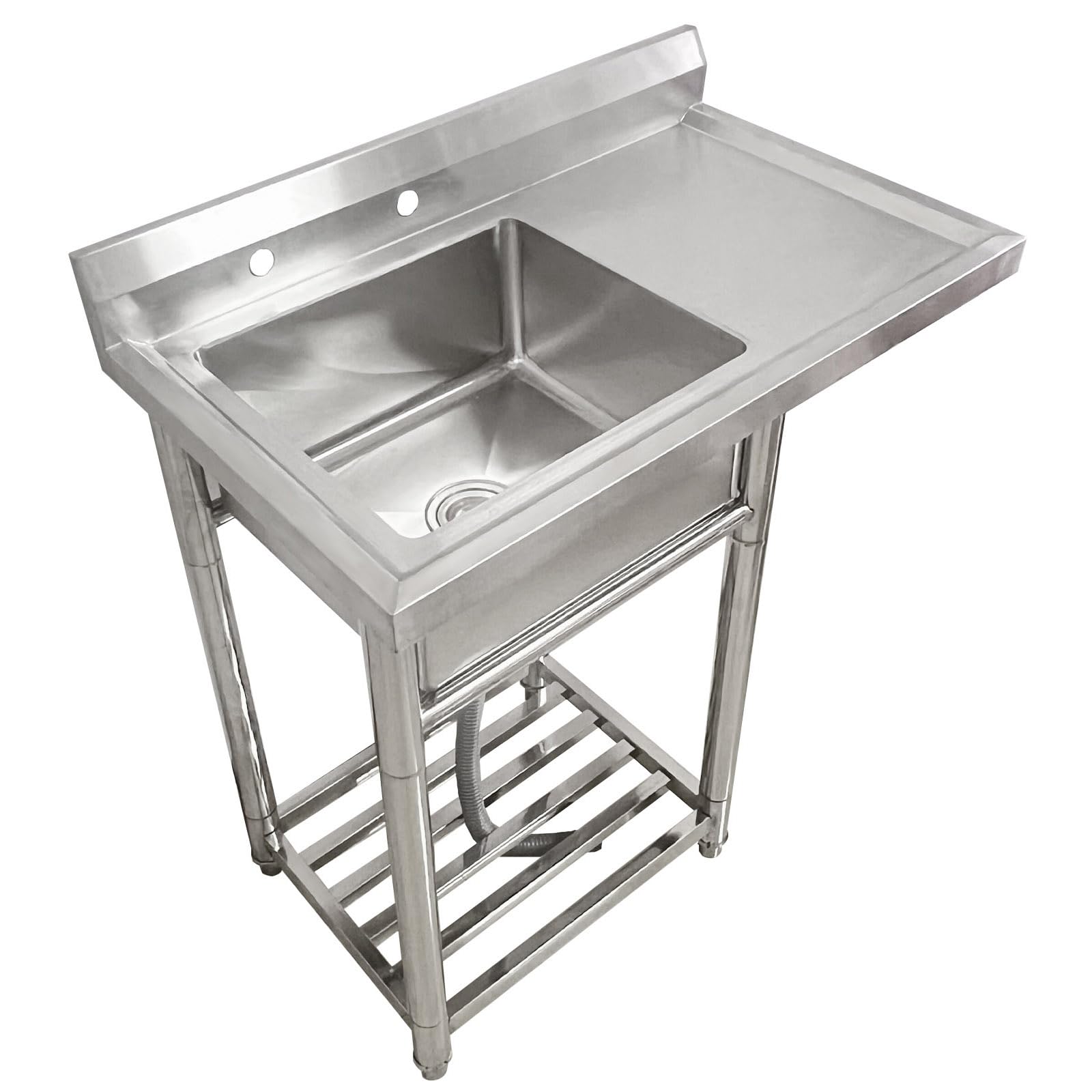 YADZISW Utility Single Bowl Sink Free Standing Stainless Steel Workstation for Garage Camping Restaurant Garden, Washing Hand Basin w/Faucet and Right Platform, Prep &