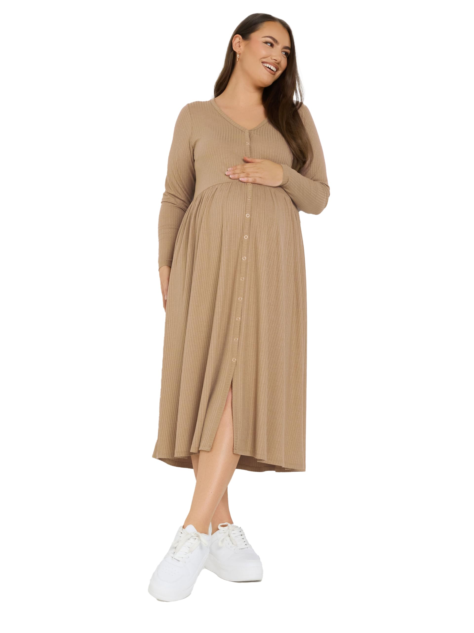 Yours Women's Natural Bump It Up Maternity Curve Brown Premium Ribbed Button Through Modal Dress - Plus Size Curve