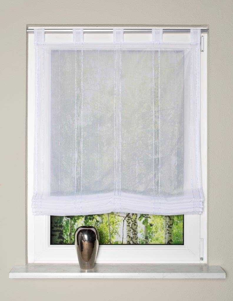 Alnur 79609 Tab-Top Roller Blind Made of Effect Voile with Longitudinal Stripes, Colour: White